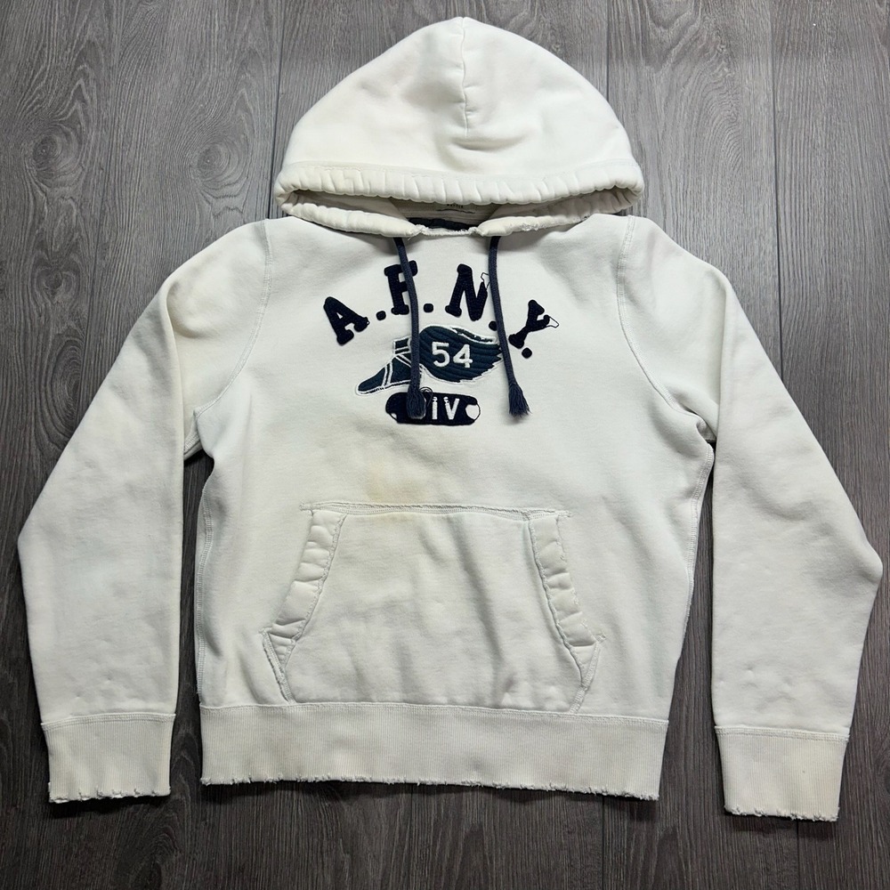 Vintage Abercrombie & Fitch AFNY 54 Muscle Hoodie XL Cream Distressed Y2K Mens